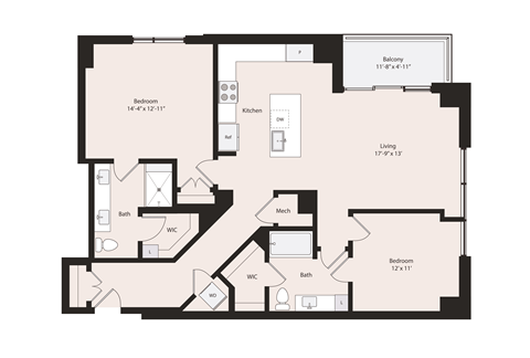 Deco B1-1 floor plan 2 bedrooms 2 bathrooms 1296 square feet